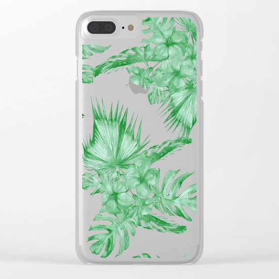 Palm Leaves and Hibiscus Tropical Green Clear iPhone Case