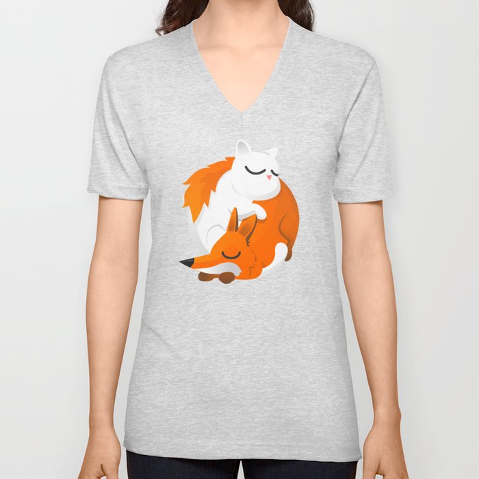 Fox and cat V Neck T Shirt
