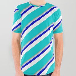 [ Thumbnail: Vibrant Dark Salmon, Powder Blue, Blue, White & Dark Turquoise Colored Lined Pattern All Over Graphic Tee ]