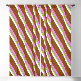 [ Thumbnail: Vibrant Green, White, Brown, Violet, and Black Colored Lines/Stripes Pattern Blackout Curtain ]