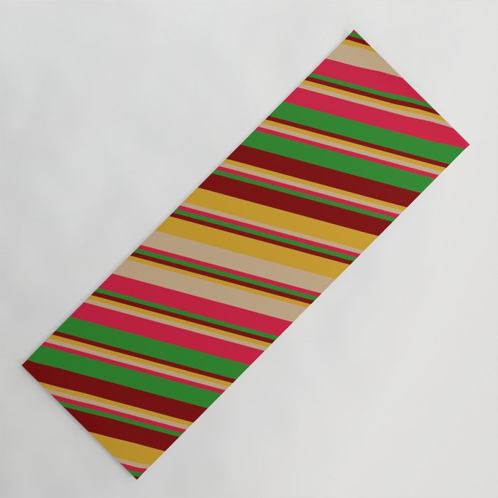 Colorful Goldenrod, Tan, Crimson, Forest Green & Maroon Colored Striped/Lined Pattern Yoga Mat