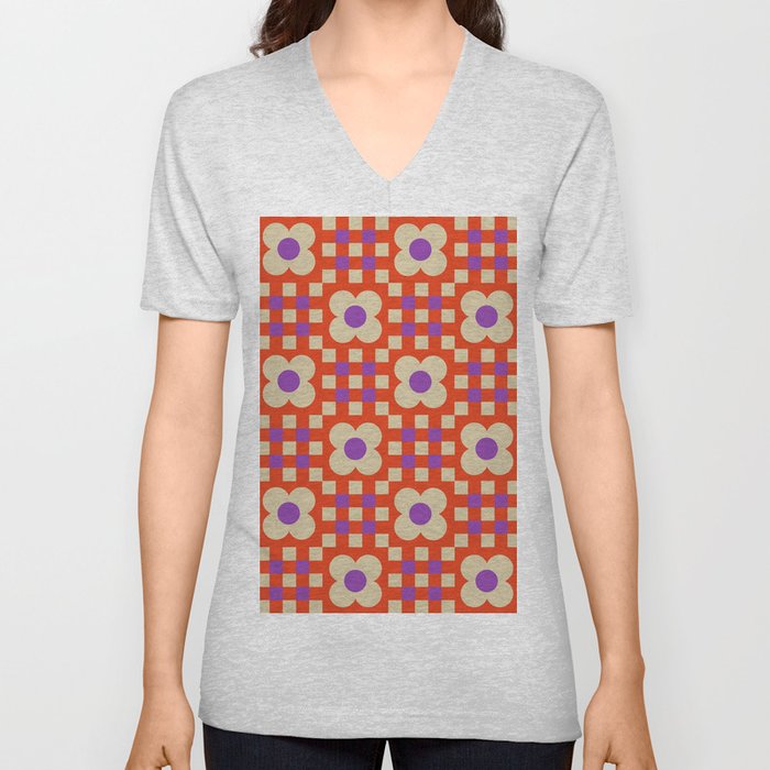 Floral gingham checker pattern # purple orange V Neck T Shirt