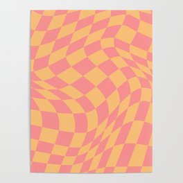 Trippy Checkerboard, Warped Checkered Pattern, Pink and Yellow Poster