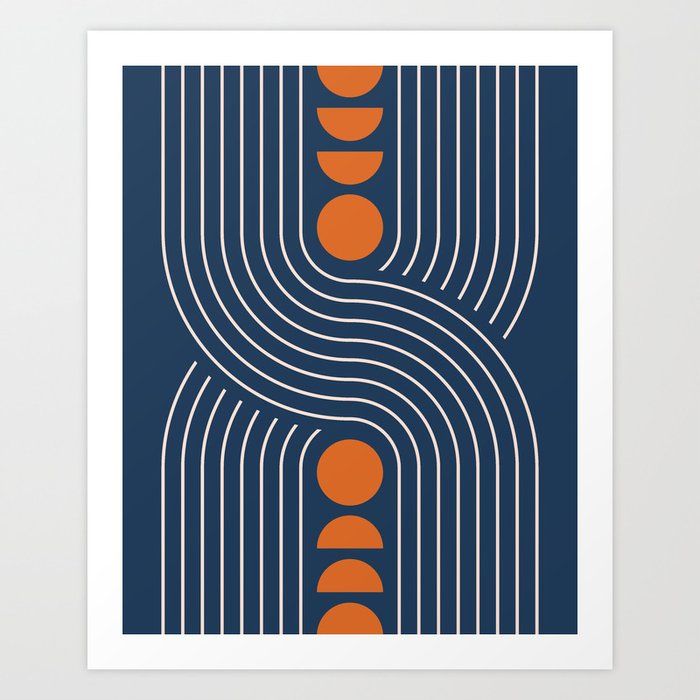 Geometric Lines in Navy and Orange (Rainbow and Moon Phases Abstract) Art Print