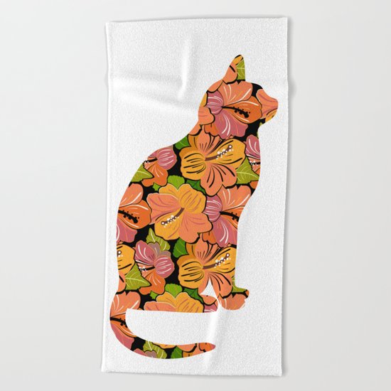 Cat Silhouette With Hibiscus Flowers Inlay Beach Towel