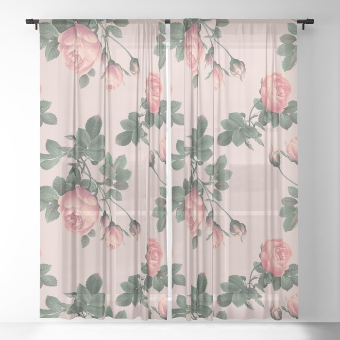 Pink English Rose Pattern Sheer Curtain