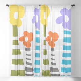Three Colorful Retro Flowers and Three Colorful Retro Bottles on White #decor #society6 #buyart Sheer Curtain