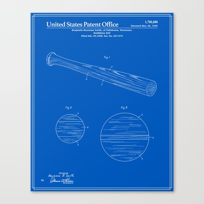 Baseball Bat Patent Blueprint Canvas Print by Finlay McNevin Society6