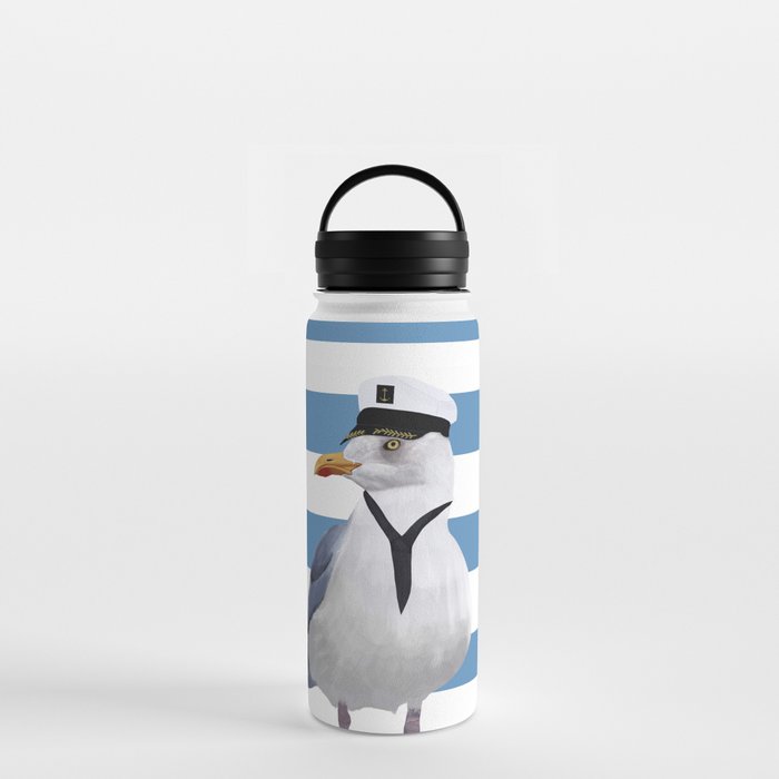 Captain Seagull on blue stripes Water Bottle