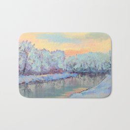 Winter on the Poudre Bath Mat | Graphicdesign, Firest, Digital, Snow, Water, Lake, Sunrise, River, Winer, Trees 