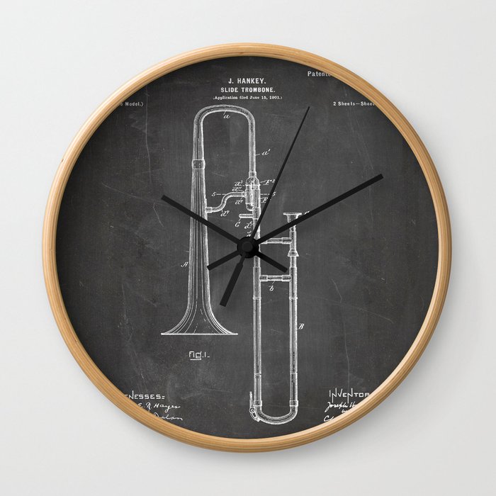 Slide Trombone Patent - Jazz Musician Band Player Art - Black Chalkboard Wall Clock