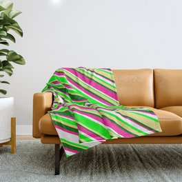[ Thumbnail: Eye-catching Deep Pink, White, Lime, Tan & Dark Green Colored Lined/Striped Pattern Throw Blanket ]