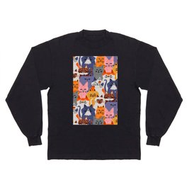 Funny diverse cat crowd character cartoon background Long Sleeve T-shirt