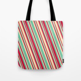 [ Thumbnail: Aquamarine, Crimson, and Beige Colored Striped/Lined Pattern Tote Bag ]
