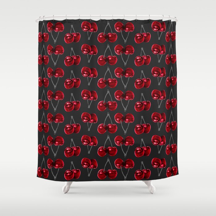 Modern Red Cherries on Charcoal Black Shower Curtain