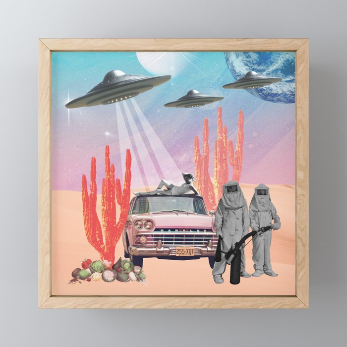 They've Landed UFO Desert Cactus Surreal Collage Framed Mini Art Print