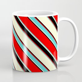 [ Thumbnail: Red, Turquoise, Light Yellow & Black Colored Lined/Striped Pattern Coffee Mug ]