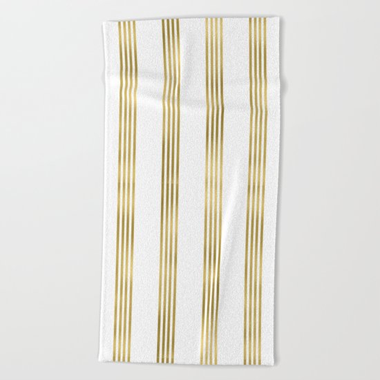 Gold small stripes on clear white - vertical pattern Beach Towel