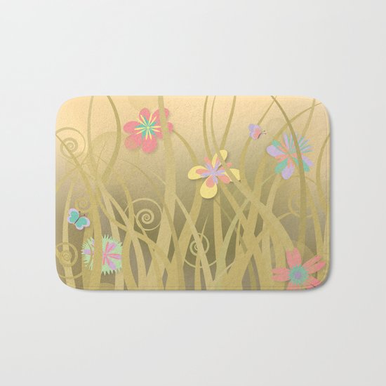 Wild Kitty Cat, Spring Blooming Flowers, Golden Beige Sky Bath Mat