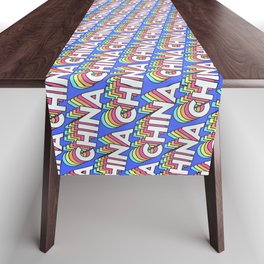 China Trendy Rainbow Text Pattern (Blue) Table Runner