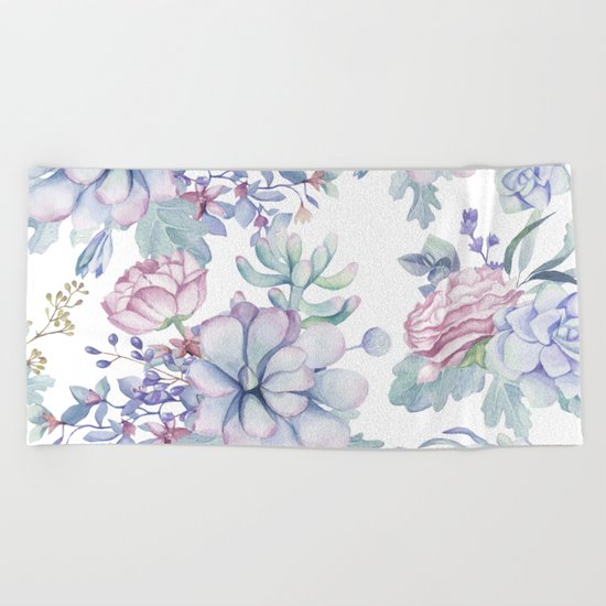 Pretty Blue Pink Succulents Garden Beach Towel