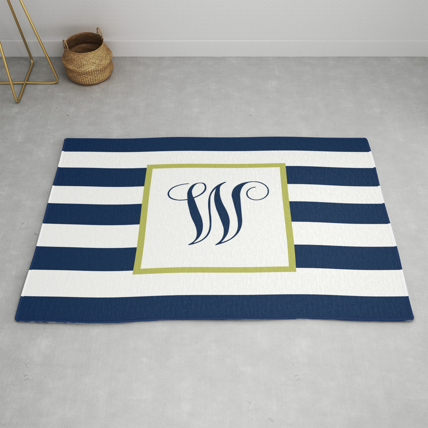 Monogram Letter W In Navy Blue And Stripes Rug By Lostuniverse Monogram Letter W In Navy Blue And