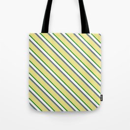 [ Thumbnail: Eye-catching Slate Gray, Tan, Forest Green, White, and Black Colored Lined Pattern Tote Bag ]