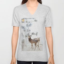Couple Of Deer Under The Full Moon - Vintage Japanese Woodblock Print Art V Neck T Shirt