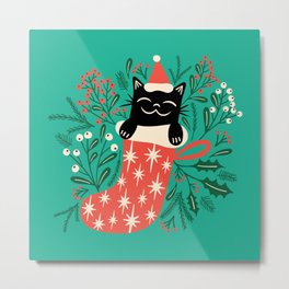 Meowy Christmas - Black Cat in Xmas Stocking + Holiday Botanical - Blue Metal Print | Christmas, Seasonal, Xmas, Stocking, Plants, Leaves, Xmascat, Cat, Kitten, Blue 