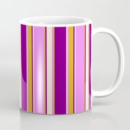 [ Thumbnail: Violet, Goldenrod, Purple & Beige Colored Lines Pattern Coffee Mug ]