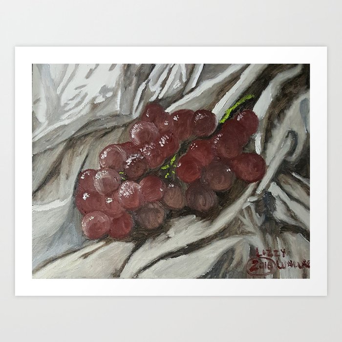 Oil Paint On Canvas Still Life Painting Of Grapes On Fabric Cloth