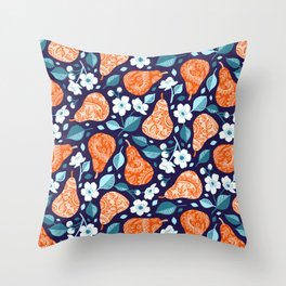 Cheerful Pears in Orange on Navy Blue Throw Pillow