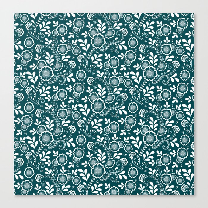 Teal Blue And White Eastern Floral Pattern Canvas Print