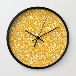 Mustard And White Eastern Floral Pattern Wall Clock