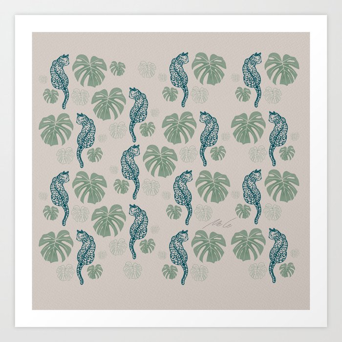 Cat & Monstera Leaf_06_green+tuquoise Art Print