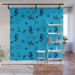 Turquoise And Blue Silhouettes Of Vintage Nautical Pattern Wall Mural