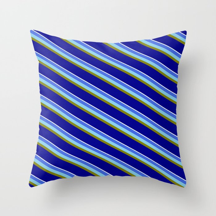 Vibrant Royal Blue, Sky Blue, Green, Dark Blue, and White Colored Striped/Lined Pattern Throw Pillow