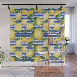 Sunny lemons on blue check pattern Wall Mural