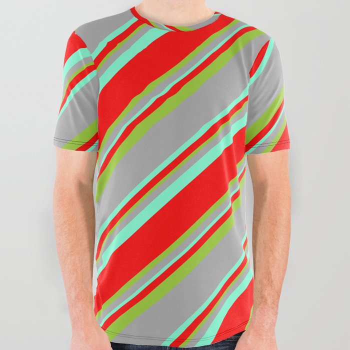 Dark Gray, Aquamarine, Red & Green Colored Lines Pattern All Over Graphic Tee