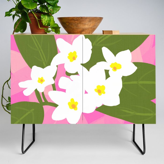 Jungle Flowers Retro Modern Tropical Pinks Credenza