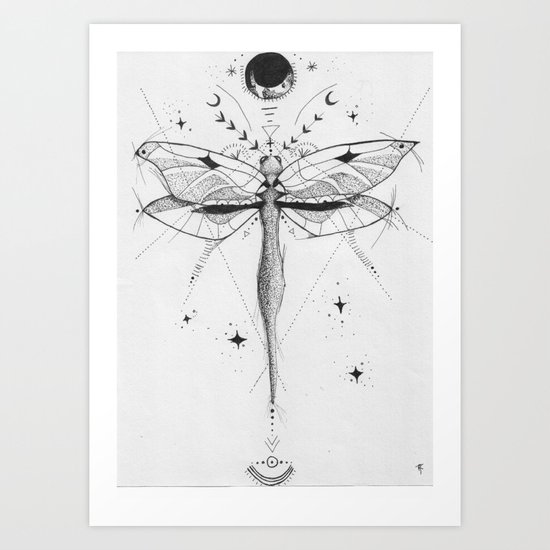 Dragonfly Tattoo Style Black And White Design Art Print By