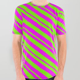 [ Thumbnail: Fuchsia and Green Colored Striped/Lined Pattern All Over Graphic Tee ]