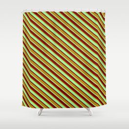 [ Thumbnail: Green, Maroon, and Dark Goldenrod Colored Lines/Stripes Pattern Shower Curtain ]