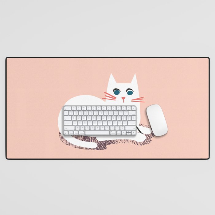 White cat in love // flesh coral background  Desk Mat
