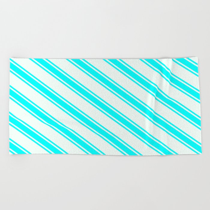 Mint Cream & Aqua Colored Lined/Striped Pattern Beach Towel