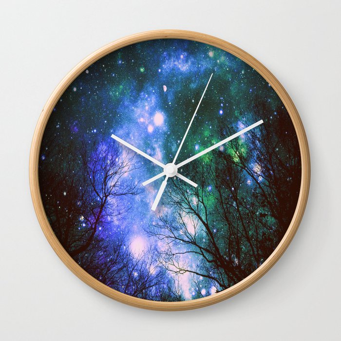 Black Trees Violet Green Space Wall Clock