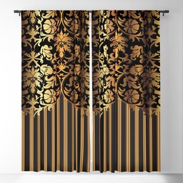 Gold and Black Damask and Stripe Design Blackout Curtain