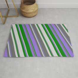 [ Thumbnail: Dim Gray, Purple, Green & Light Grey Colored Lined Pattern Rug ]