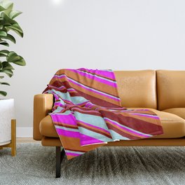 [ Thumbnail: Maroon, Powder Blue, Fuchsia, and Chocolate Colored Pattern of Stripes Throw Blanket ]