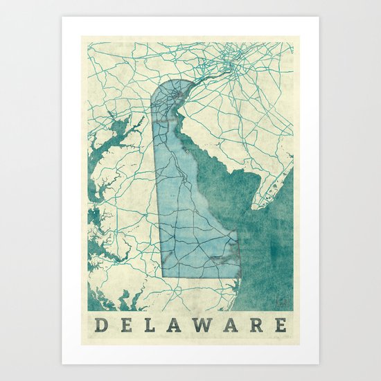 Delaware State Map Blue Vintage Art Print